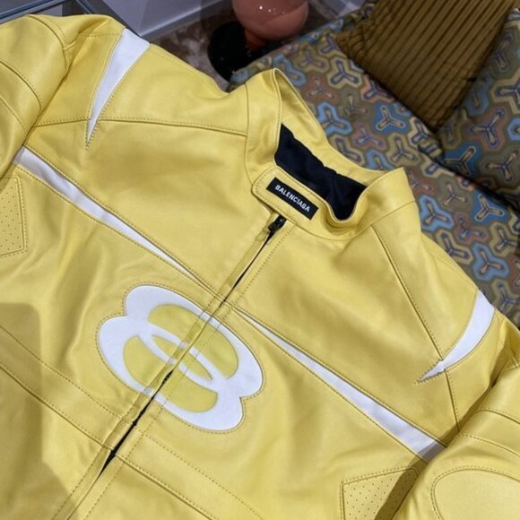 Balenciaga Racer Oversized Distressed Panelled Leather Jacket – Signal Yellow - Picture 3 of 9